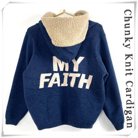 HANDMADE My Faith Logo Back Chunky Knit Zip Up Hoodie Cardigan Sweater Indigo - Picture 1 of 12